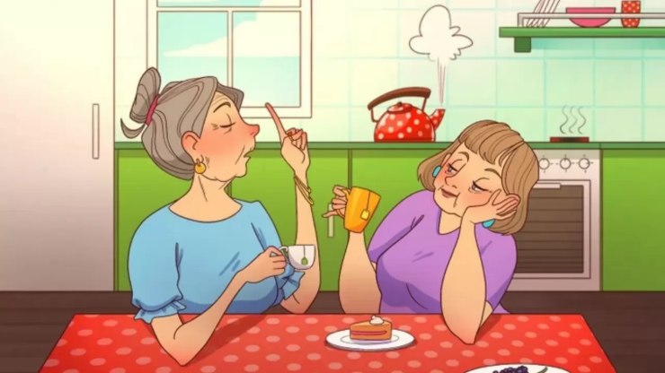 Illustrazione di due donne che prendono il tè in cucina, test visivo